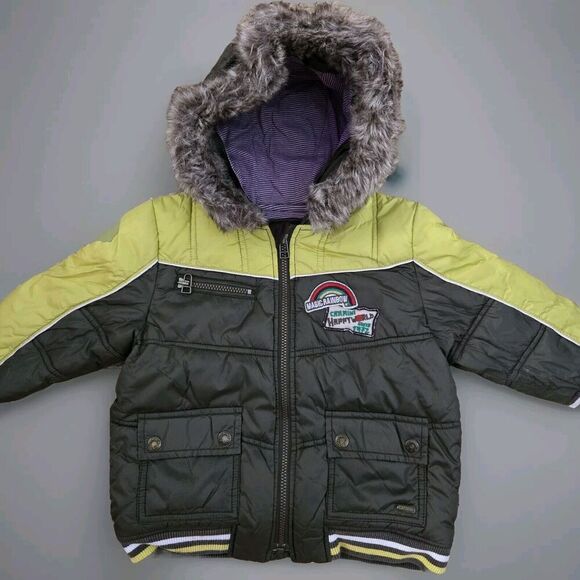 CATIMINI Coat‎ Puffer Collar Fur Baby Boy Good Condition 2 Years Yellow Green - Picture 1 of 10